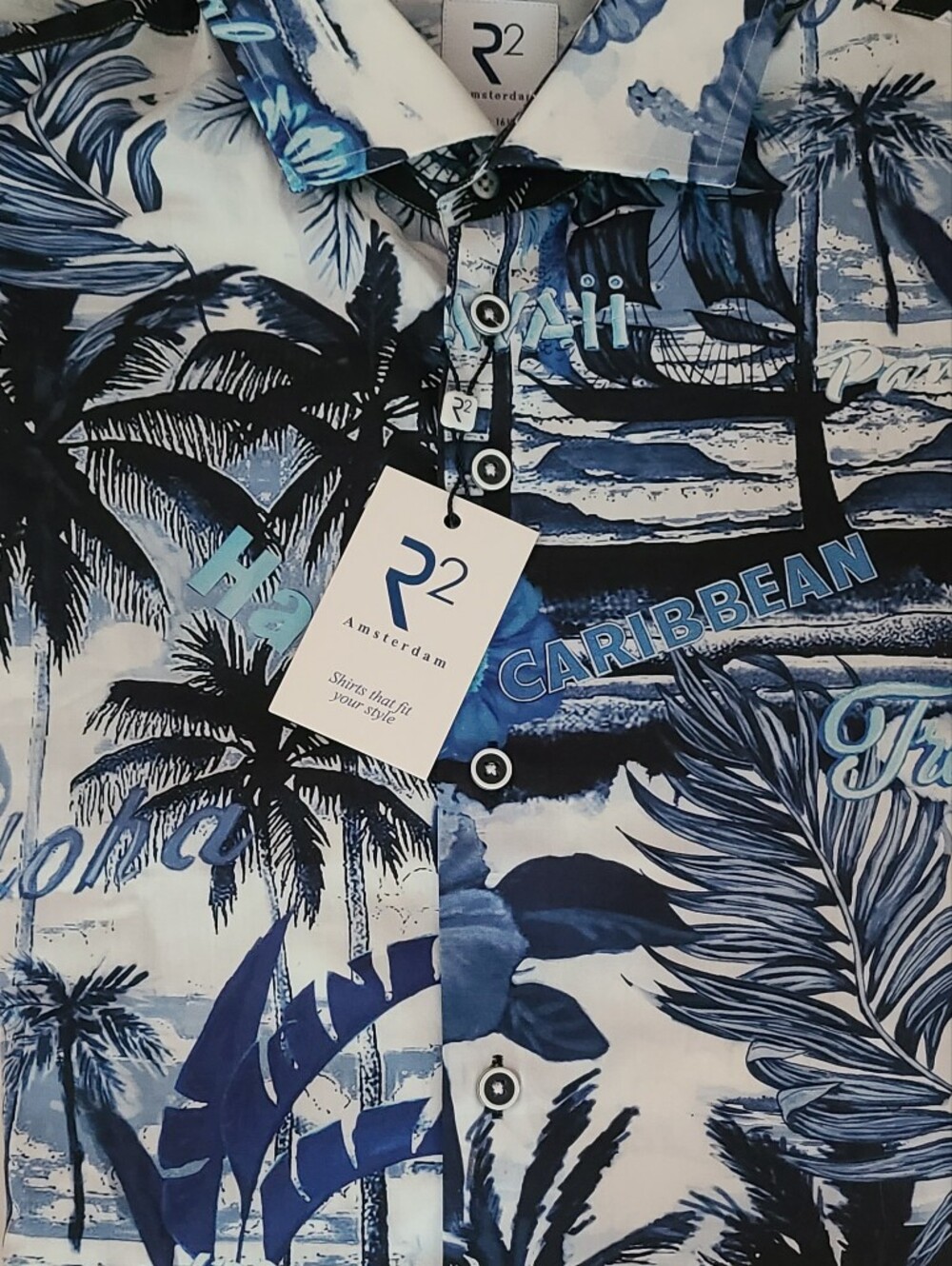 R2 Amsterdam Blue and White Tropical Print Button-Up Shirt